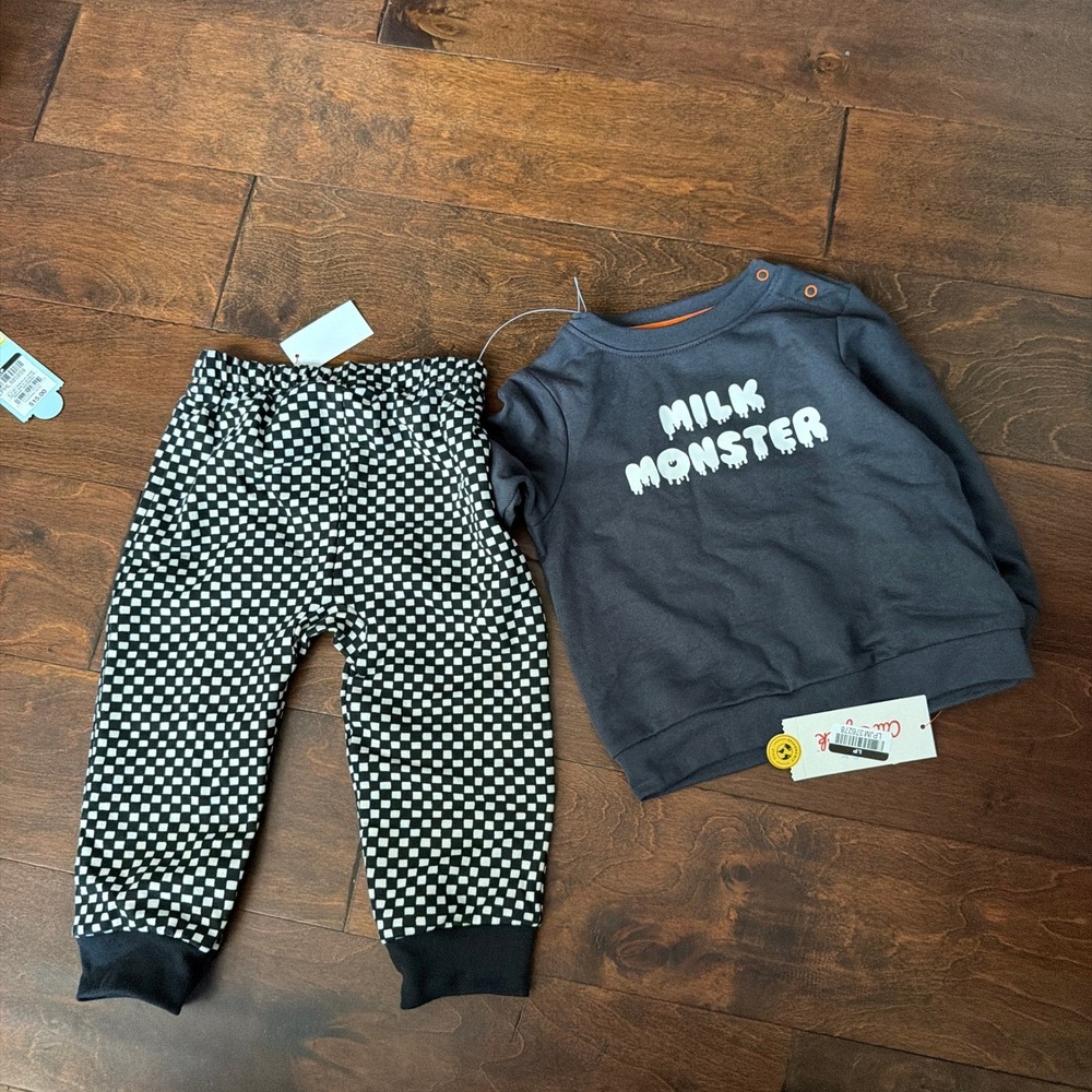 Cat & Jack Boys 12 M Halloween Milk Monster Shirt Checkered Jogger Pants Grey